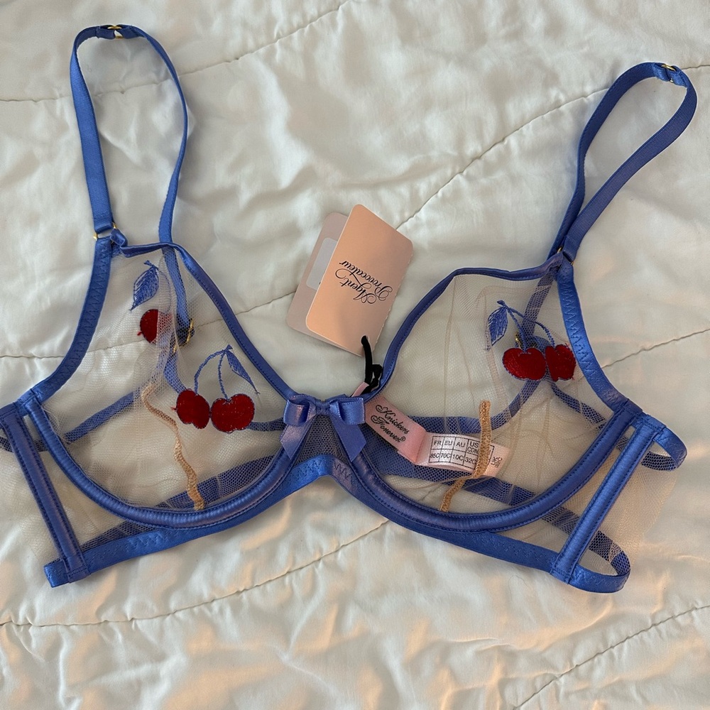 Agent Provocateur Blue Sheer Cherry Embroidered Bra